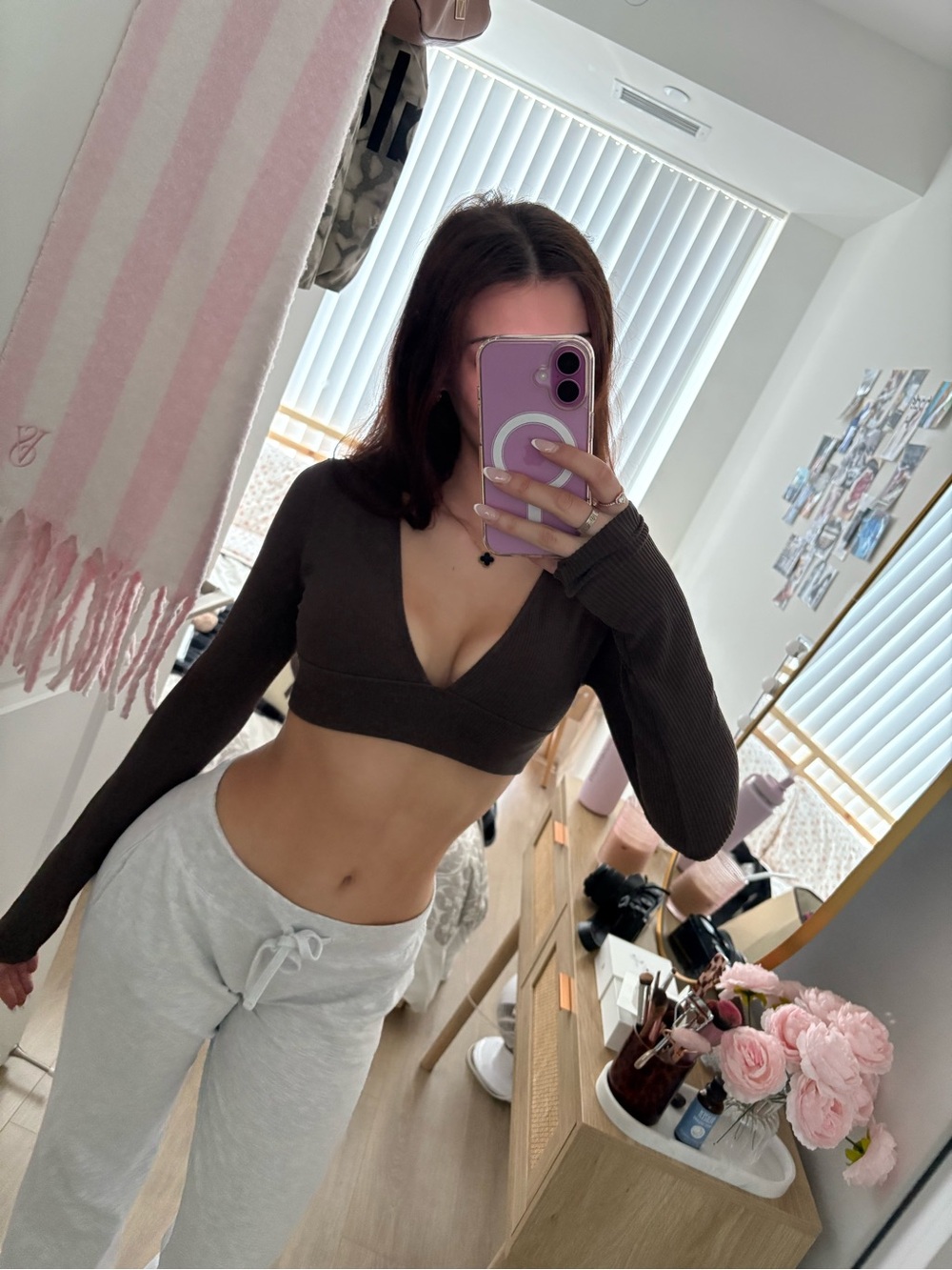 Garage Dark Brown Ribbed Long-Sleeve Deep V Crop Top